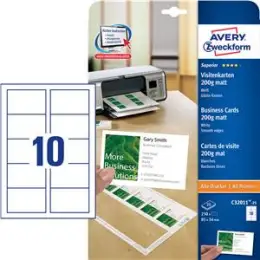 Visitenkarten Avery Zweckform C32011-25 Superior 85 x 54 mm, Karton 200g, matt, unbeschichtet, einseitig bedruckbar, glatte Kanten, weiß, Inkjet Laser Kopierer, Pack 250 Stk/25 Blatt