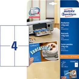Postkarten Avery Zweckform C32252-25 148 x 105 mm A4, 170g, matt, weiß, mikroperforiert, Inkjet Laser Kopierer, Pack 100 Stk/25 Blatt