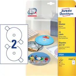 CD-Etiketten Avery Zweckform C9660-25 Ø 117 mm rund, weiß, hochglänzend, selbstklebend, SuperSize 17mm, Inkjet, Pack 50 Stk/25 Blatt