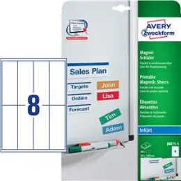 Magnet-Schilder Avery Zweckform J8875-5 50 x 140 mm A4, Metall, magnetisch haftend, bedruckbar, weiß, Inkjet, Pack 40 Stk/5 Bogen