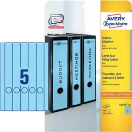 Ordner-Rückenschild Etiketten Avery Zweckform L4749-20 lang/schmal, selbstklebend, blanko, blau, Inkjet Laser Kopierer, Pack 100 Stk/20 Blatt
