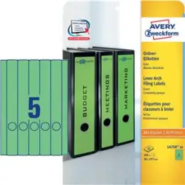 Ordner-Rückenschild Etiketten Avery Zweckform L4750-20 lang/schmal, selbstklebend, blanko, grün, Inkjet Laser Kopierer, Pack 100 Stk/20 Blatt