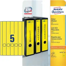 Ordner-Rückenschild Etiketten Avery Zweckform L4751-20 lang/schmal, selbstklebend, blanko, gelb, Inkjet Laser Kopierer, Pack 100 Stk/20 Blatt
