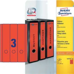 Ordner-Rückenschild Etiketten Avery Zweckform L4752-20 lang/breit, selbstklebend, blanko, rot, Inkjet Laser Kopierer, Pack 60 Stk/20 Blatt