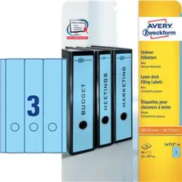Ordner-Rückenschild Etiketten Avery Zweckform L4753-20 lang/breit, selbstklebend, blanko, blau, Inkjet Laser Kopierer, Pack 60 Stk/20 Blatt