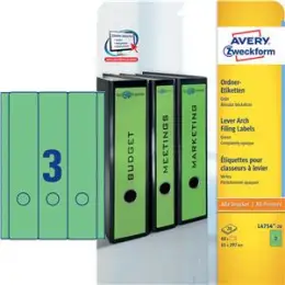 Ordner-Rückenschild Etiketten Avery Zweckform L4754-20 lang/breit, selbstklebend, blanko, grün, Inkjet Laser Kopierer, Pack 60 Stk/20 Blatt