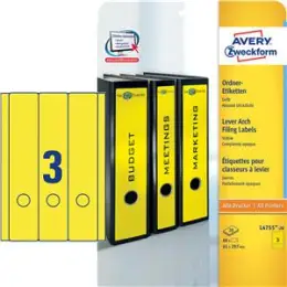 Ordner-Rückenschild Etiketten Avery Zweckform L4755-20 lang/breit, selbstklebend, blanko, gelb, Inkjet Laser Kopierer, Pack 60 Stk/20 Blatt