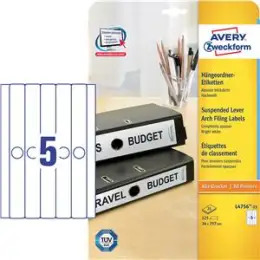Ordner-Rückenschild Etiketten Avery Zweckform L4756-25 Hängeordner/schmal, selbstklebend, blanko, weiß, Inkjet Laser Kopierer, Pack 125 Stk/25 Blatt