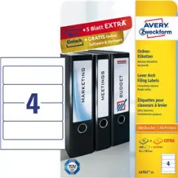 Ordner-Rückenschild Etiketten Avery Zweckform L4761-25 kurz/breit, selbstklebend, blanko, weiß, Inkjet Laser Kopierer, Pack 120 Stk/30 Blatt
