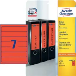 Ordner-Rückenschild Etiketten Avery Zweckform L4762-20 kurz/schmal, selbstklebend, blanko, rot, Inkjet Laser Kopierer, Pack 140 Stk/20 Blatt