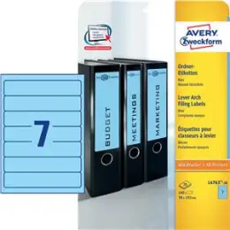 Ordner-Rückenschild Etiketten Avery Zweckform L4763-20 kurz/schmal, selbstklebend, blanko, blau, Inkjet Laser Kopierer, Pack 140 Stk/20 Blatt