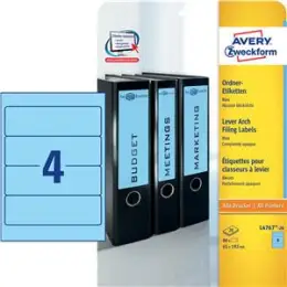 Ordner-Rückenschild Etiketten Avery Zweckform L4767-20 kurz/breit, selbstklebend, blanko, blau, Inkjet Laser Kopierer, Pack 80 Stk/20 Blatt