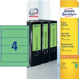 Ordner-Rückenschild Etiketten Avery Zweckform L4768-20 kurz/breit, selbstklebend, blanko, grün, Inkjet Laser Kopierer, Pack 80 Stk/20 Blatt