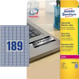 Typenschild-Etiketten Avery Zweckform L6008-20 25,4 x 10 mm, Folie, selbstklebend, silber, Laser, Pack 3780 Stk/20 Blatt