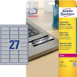 Typenschild-Etiketten Avery Zweckform L6011-20 63,5 x 29,6 mm, Folie, selbstklebend, silber, Laser, Pack 540 Stk/20 Blatt