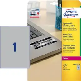 Typenschild-Etiketten Avery Zweckform L6013-20 210 x 297 mm A4, Folie, selbstklebend, silber, Laser, Pack 20 Stk/20 Blatt