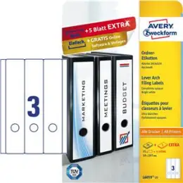 Ordner-Rückenschild Etiketten Avery Zweckform L6059-25 lang/breit, selbstklebend, blanko, weiß, Inkjet Laser Kopierer, Pack 90 Stk/30 Blatt