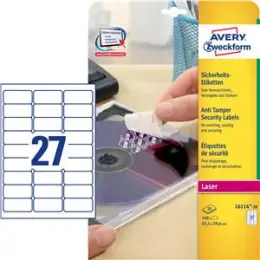 Sicherheits-Etiketten Avery Zweckform L6114-20 63,5 x 29,6 mm, Folie, selbstklebend, weiß, Laser, Pack 540 Stk/20 Blatt