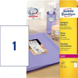 Etiketten Avery Zweckform L7767-40 210 x 297 mm weiß, hochglanz, selbstklebend, Laser, Pack 40 Stk/40 Blatt