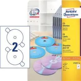 CD-Etiketten Avery Zweckform L7676-25 Ø 117 mm rund, matt, selbstklebend, weiß, Inkjet Laser Kopierer, Pack 50 Stk/25 Blatt
