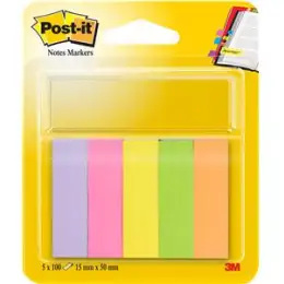 Haftstreifen Post-it 670-5 Page Marker 15 x 50 mm, Papier, selbstklebend, wiederablösbar, 5 Farben: gelb/grün/orange/rosa/lila, Blister 5 Blöcke je 100 Blatt/500 Stk