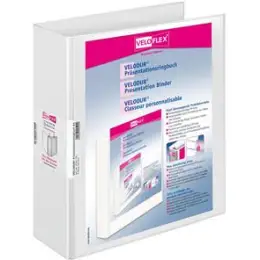 Präsentationsringbuch Veloflex 4139190 Velodur A4, 4 Ringe Ø 50 mm, Pappe/PP-Folie, D-Ring-Mechanik, 2 Außentaschen, weiß