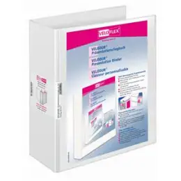 Präsentationsringbuch Veloflex 4142190 Velodur A4, 4 Ringe Ø 60 mm, Pappe/PP-Folie, D-Ring-Mechanik, 2 Außentaschen, weiß
