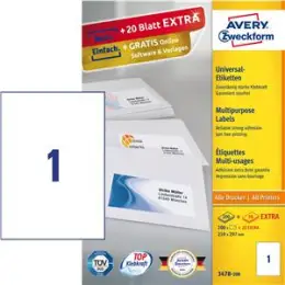 Etiketten Avery Zweckform 3478-200 210 x 297 mm weiß, selbstklebend, Inkjet Laser Kopierer, Pack 220 Stk/220 Blatt