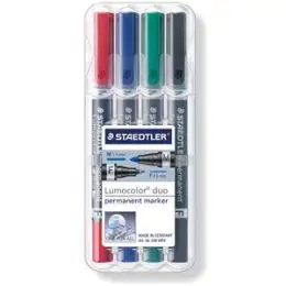 Permanentmarker Staedtler 348WP4 348 WP4 Lumocolor permanent duo 0,6mm (F) + 1,5mm (M), zwei Rundspitzen, 4er-Etui, schwarz, rot, blau, grün