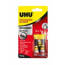 Sekundenkleber UHU 45415 MINIS flüssig, extrem stark, blitzschnell, Blister 3 Tuben je 1g
