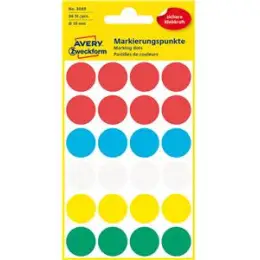 Markierungspunkte Avery Zweckform 3089 Ø 18mm rund, selbstklebend, 5 Farben: rot/blau/weiß/gelb/grün, Pack 96 Stk/4 Blatt