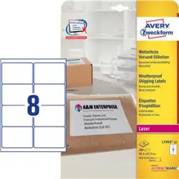 Versand-Etiketten Avery Zweckform L7993-25 99,1 x 67,7 mm Folie, weiß, selbstklebend, wetterfest, wasserfest, Laser, Pack 200 Stk/25 Blatt