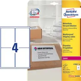Versand-Etiketten Avery Zweckform L7994-25 99,1 x 139 mm Folie, weiß, selbstklebend, wetterfest, wasserfest, Laser, Pack 100 Stk/25 Blatt