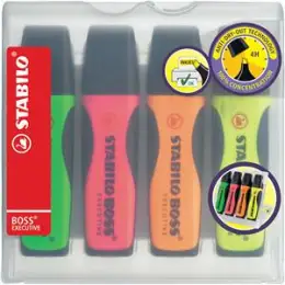 Textmarker Stabilo 73/4 Boss Executive 2-5mm, Keilspitze, 4er-Etui, gelb, grün, orange, pink
