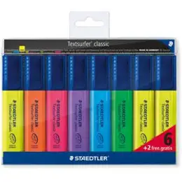 Textmarker Staedtler 364AWP8 364 A WP8 Textsurfer classic 1-5mm, Keilspitze, 8er-Etui, gelb, orange, rot, violett, blau, grün + 2 Gelbe