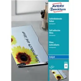 Folie Avery Zweckform 2501 A4, beschichtet, stapelverarbeitbar, selbstklebend, transparent, Inkjet, Pack 50 Blatt