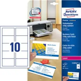 Visitenkarten Avery Zweckform C32016-10 Premium 85x54mm, 220g, mikroperforiert, weiß, Laser, Pack 100 Stk/10 Blatt