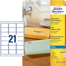 Adressetiketten Avery Zweckform J8560-25 63,5 x 38,1 mm Folie, transparent, selbstklebend, Inkjet, Pack 525 Stk/25 Blatt