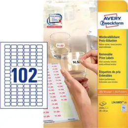 Preis-Etiketten Avery Zweckform L3410REV-25 26 x 16 mm, selbstklebend, wiederablösbar, weiß, Inkjet Laser Kopierer, Pack 2550 Stk/25 Blatt