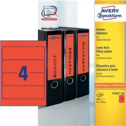Ordner-Rückenschild Etiketten Avery Zweckform L4766-100 kurz/breit, selbstklebend, blanko, rot, Inkjet Laser Kopierer, Pack 400 Stk/100 Blatt