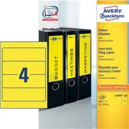 Ordner-Rückenschild Etiketten Avery Zweckform L4769-100 kurz/breit, selbstklebend, blanko, gelb, Inkjet Laser Kopierer, Pack 400 Stk/100 Blatt