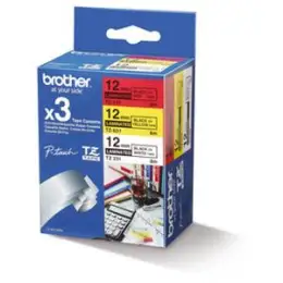 Schriftband-Kassette Brother TZe-31M3 Multipack schwarz auf rot/gelb/weiß 12mm/8m laminiert, Pack 3 Stk