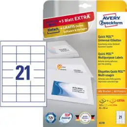 Etiketten Avery Zweckform 6170 64 x 36 mm weiß, selbstklebend, Inkjet Laser Kopierer, Pack 630 Stk/30 Blatt