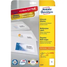 Etiketten Avery Zweckform 6119 210 x 297 mm weiß, selbstklebend, Inkjet Laser Kopierer, Pack 30 Stk/30 Blatt