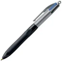 Vierfarb-Kugelschreiber Bic 8922931 4 Colours Grip Pro 0,32mm, Wechselmine, Druckmechanik, schwarz/grau, Schreibfarben blau, schwarz, rot, grün