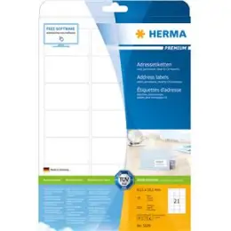 Adressetiketten Herma 5029 Premium 63,5 x 38,1 mm selbstklebend, weiß, Inkjet Laser Kopierer, Pack 525 Stk/25 Blatt