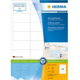 Adressetiketten Herma 4645 Premium 63,5 x 33,9 mm selbstklebend, weiß, Inkjet Laser Kopierer, Pack 2400 Stk/100 Blatt