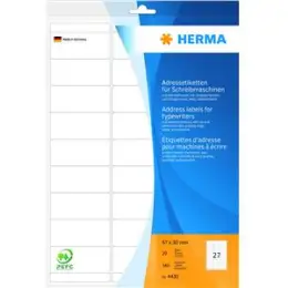 Adressetiketten Herma 4430 67 x 30 mm selbstklebend, weiß, Schreibmaschine, Pack 540 Stk/20 Blatt