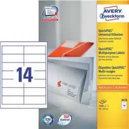 Etiketten Avery Zweckform 3678 97 x 37 mm weiß A4, Inkjet Laser Kopierer, Pack 1400 Stk/100 Blatt