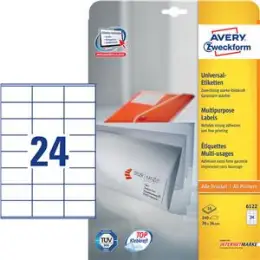 Etiketten Avery Zweckform 6122 70 x 36 mm weiß, Inkjet Laser Kopierer, Pack 240 Stk/10 Blatt